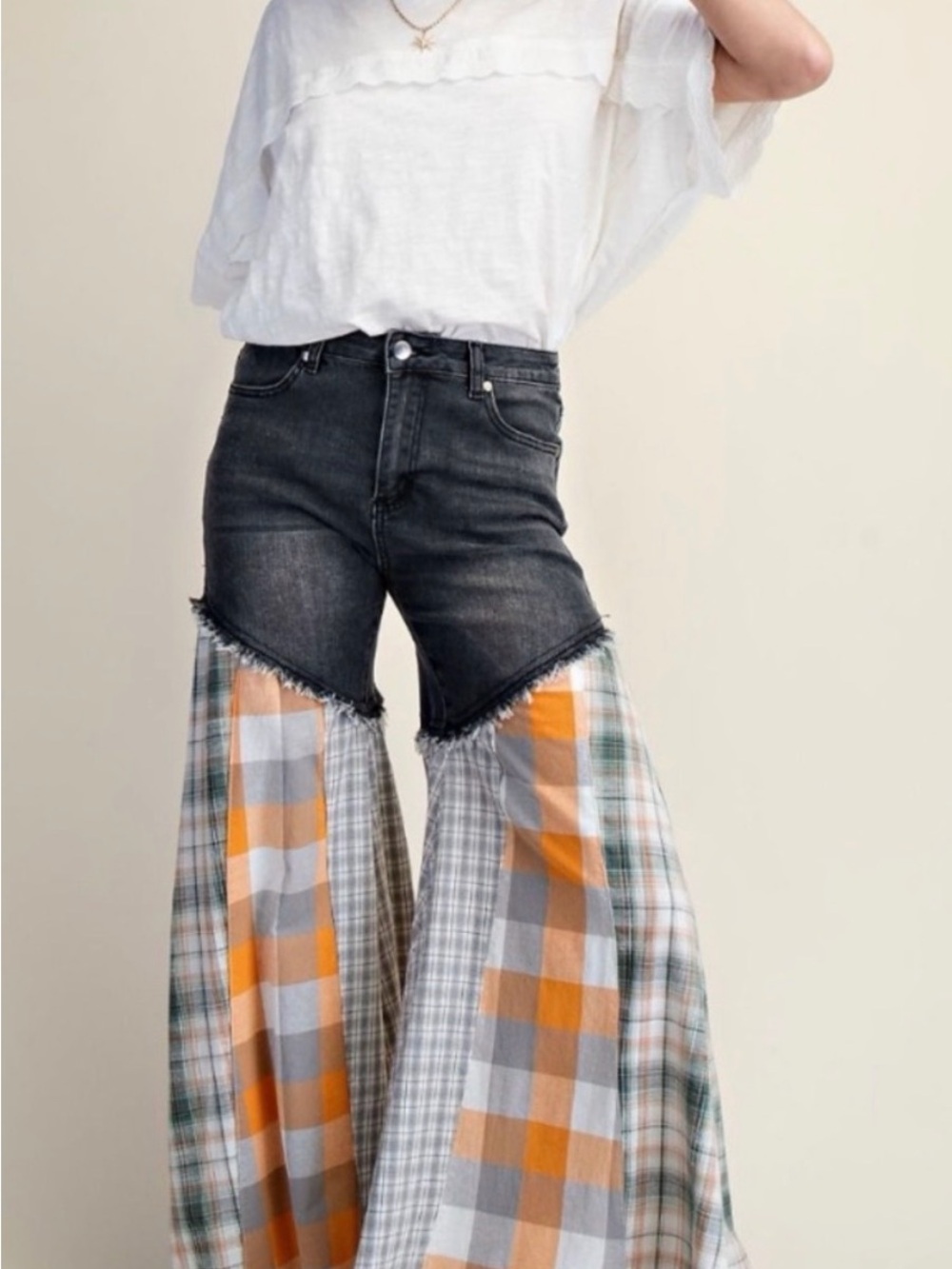 easel Black Denim Flare Jeans with Orange & Gray Plaid Panels